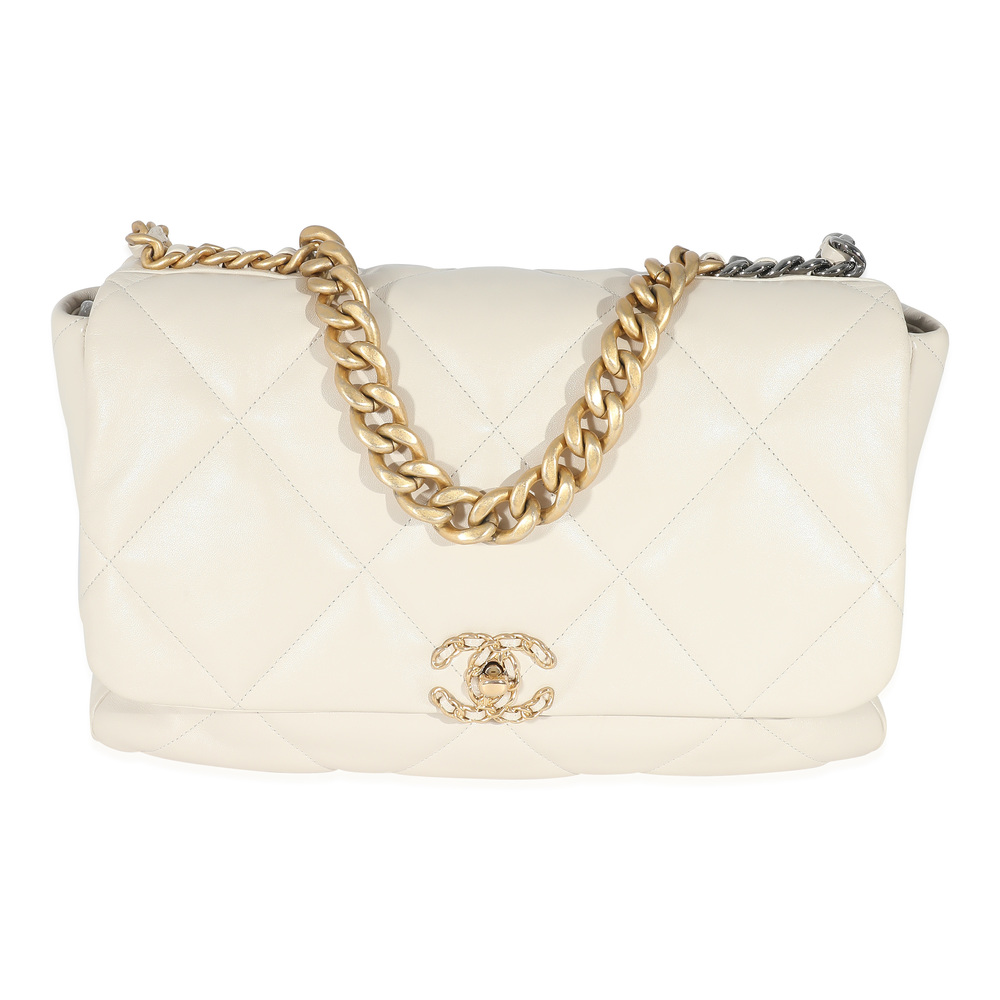 Chanel Ivory Shiny Quilted Lambskin Maxi Chanel 19 Flap Bag